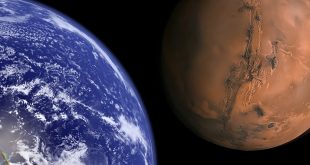 "Earth and Mars to scale." by Bluedharma is licensed under CC BY-ND 2.0