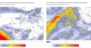 ECMWF/CAMS Forecasts of Aerosol Optical Depth for Sunday 23/02 at 1800 UTC (forecast based Sunday 23/02 at 0000 UTC) and for Friday 28/02 at 1500 UTC (forecast based Thursday 27/02 at 0000 UTC)