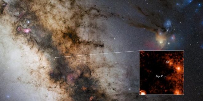 تشير هذه الصورة إلى موقع النجم الثنائي المكتشف حديثًا D9، والذي يدور حول القوس A*، الثقب الأسود الهائل في مركز مجرتنا