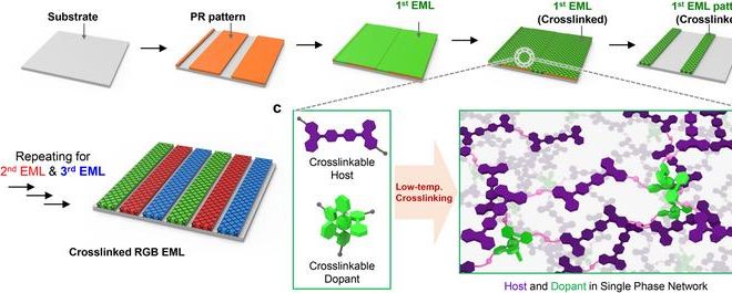 رسوم توضيحية تخطيطية لطريقة التنميط الضوئي غير المباشر لشاشات OLED EMLs، القائمة على لومينوفورس RGB في بنية شبكة أحادية الطور.

المصدر: سونغان لي وآخرون.